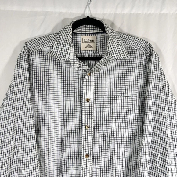 LL Bean Dress Shirt Men's Medium White Blue Button Up Long Sleeve 100% Cotton - Picture 2 of 7